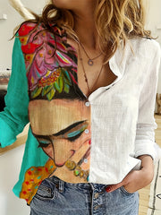 Colorblock Cartoon Print Button-Up Casual Blouse