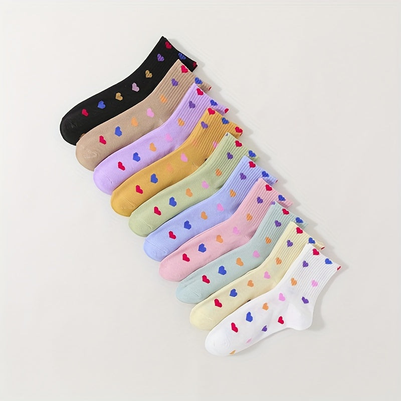 10 Pairs Heart Print Socks Soft & Comfy Short Socks Women's Stockings