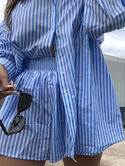 Stripe Print Button Up Shirt Top & Elastic Shorts Set