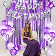 29pc Purple & Silver Birthday Balloon Set with Fringe Curtain
