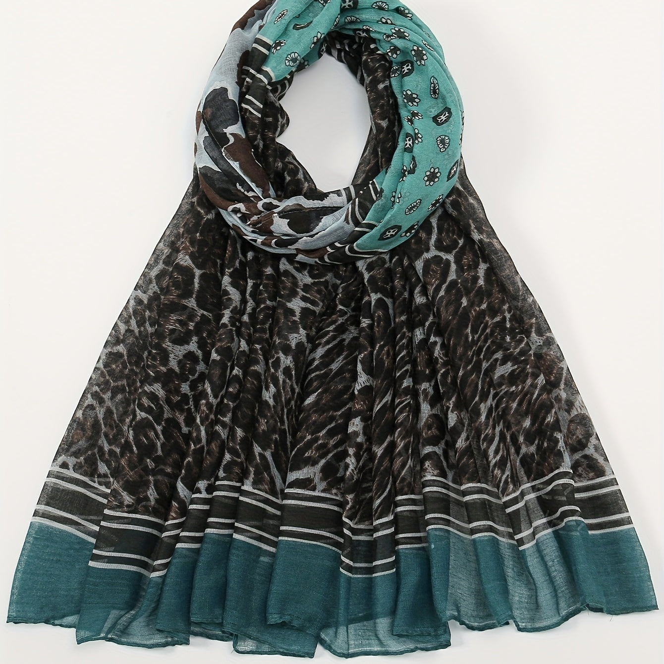 Green Leopard Print Gray Scarf Classic Block Casual Shawl Boho