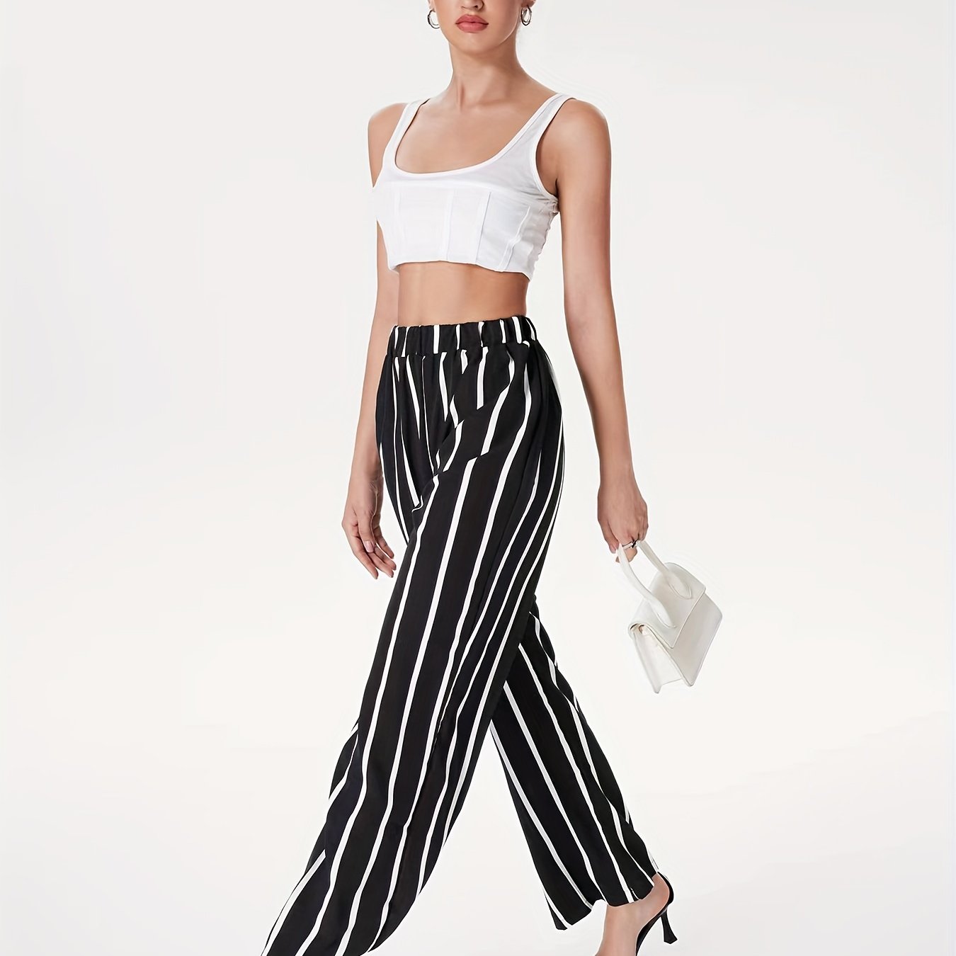 Stripe Print Wide Leg Pants Elastic Waist Casual Every Pants
