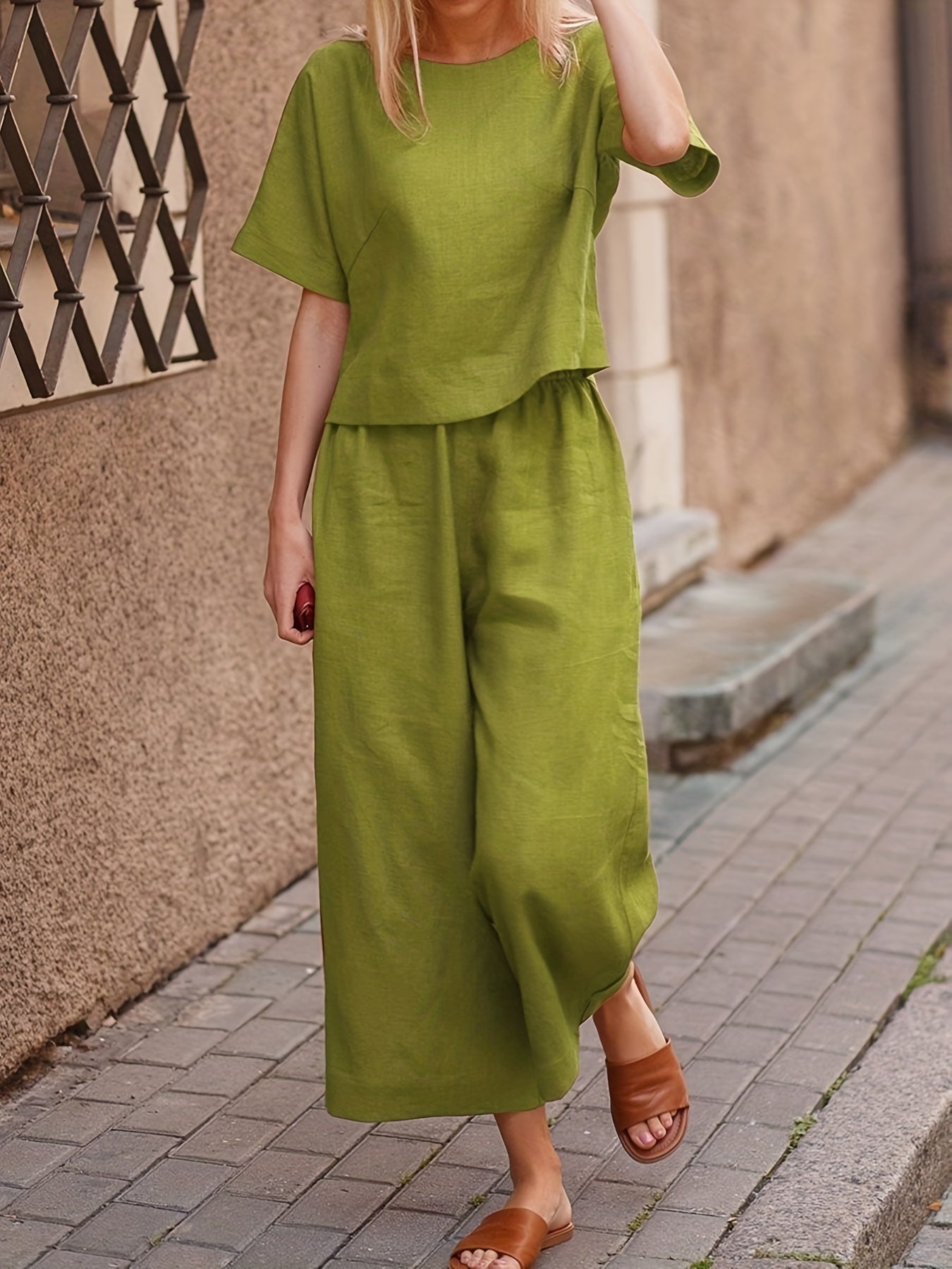 Two piece Set Crew Neck Short Sleeve T shirt & Wide Leg Pants