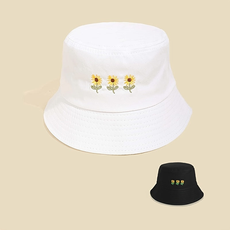 Three Flowers Embroidery Bucket Hat Solid Cotton Summer Sun Hat Women Basin Cap