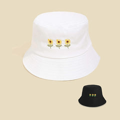 Three Flowers Embroidery Bucket Hat Solid Cotton Summer Sun Hat Women Basin Cap