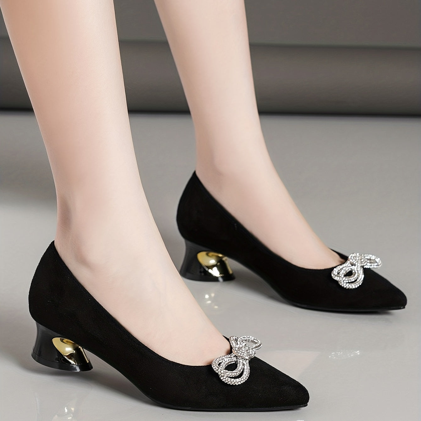 Rhinestone & Bow Chunky Heel Pointed Pumps