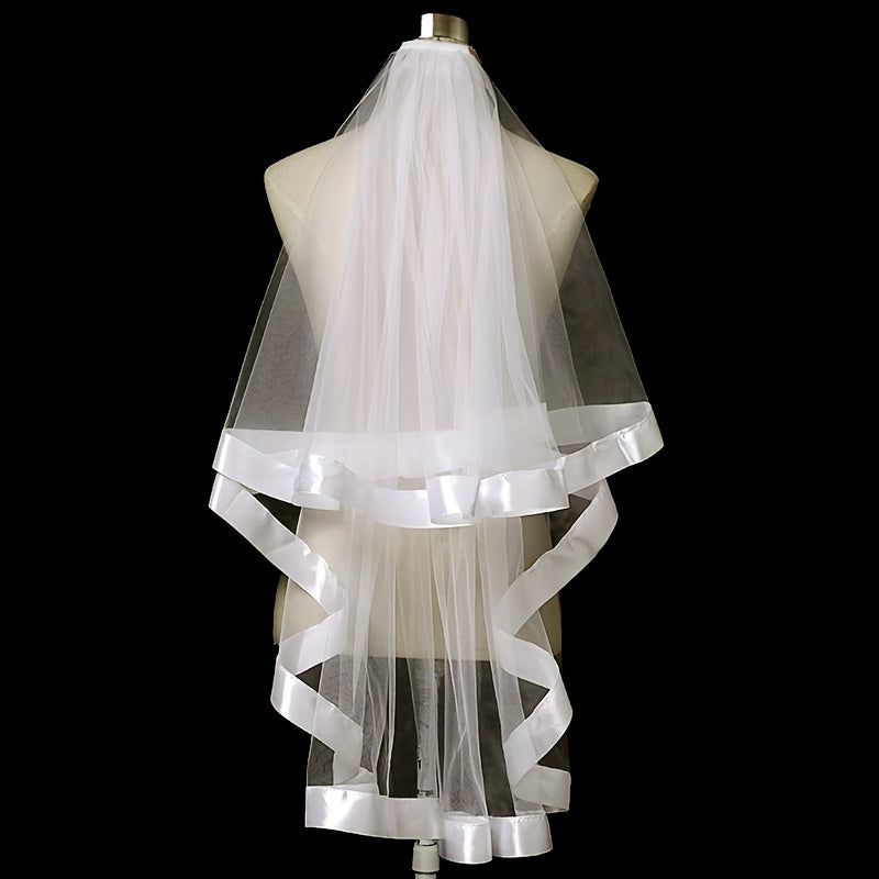 Short Double Layer Bridal Veil with Ribbon Fairy Wedding Collar