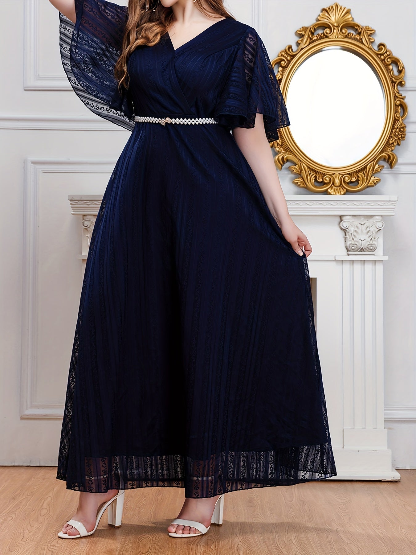Solid V Neck Maxi Party Dress With Belt