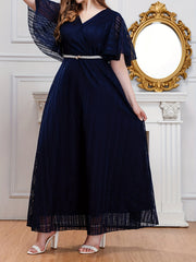 Solid V Neck Maxi Party Dress With Belt