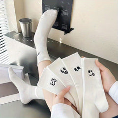 5 Pairs Expression Print Socks Comfy & Breathable Mid Tube Socks