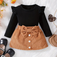 Baby Girl's Crew Neck Top & Elastic Khaki Skirt Set