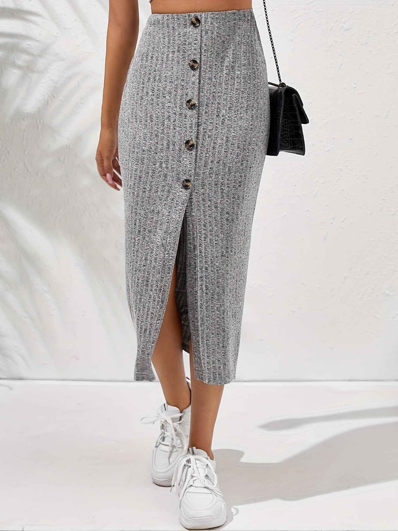 Ribbed Button Front High Waist Midi Skirt