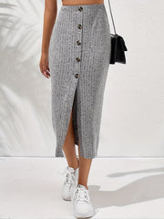 Ribbed Button Front High Waist Midi Skirt