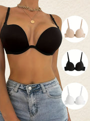 3pcs Solid T Shirt Bras Push Up Scoop Bra Women's Lingerie