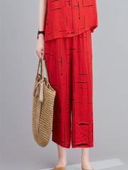 Abstract Print Casual Two piece Set Crew Neck Comfy Tops & Wide Leg Long Length