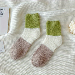 6 Pairs Colorblock Fuzzy Socks - Comfy & Warm Mid Tube Socks