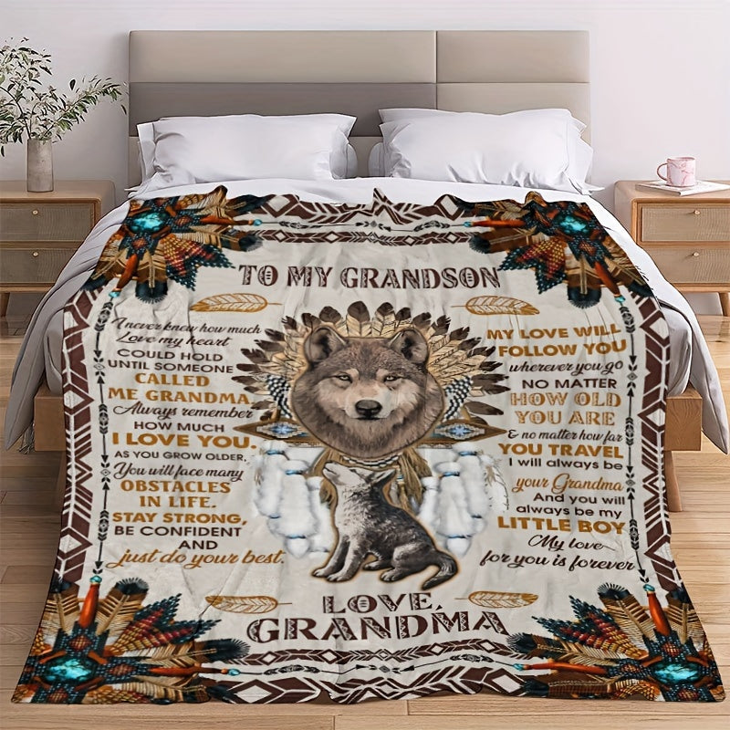 Wolf Pattern Warm Blanket Gift To Grandson
