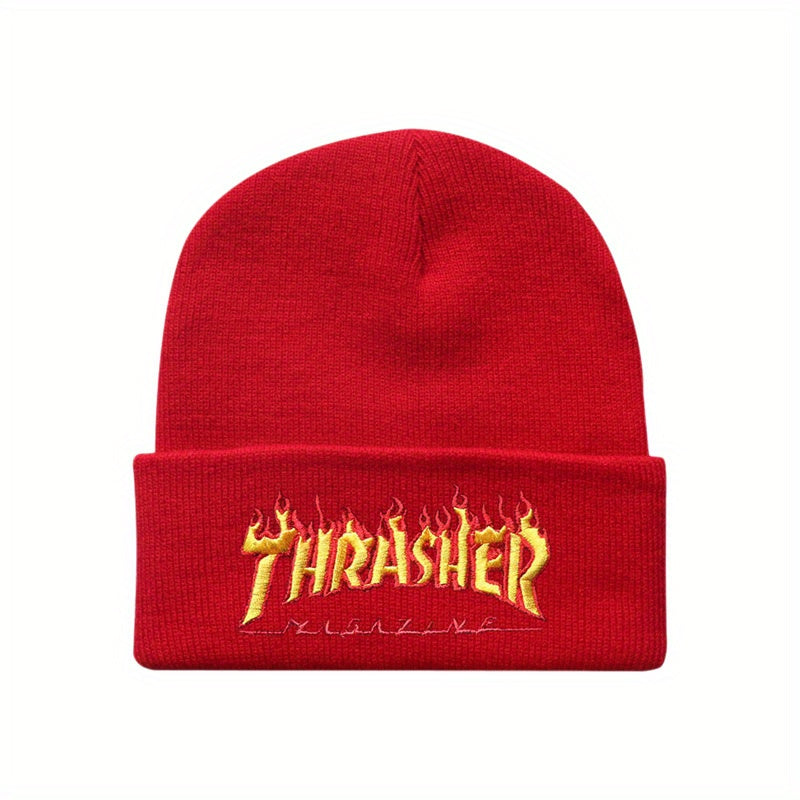 Flame Letter Embroidery Knitted Beanie Hat Winter Warmth Sports Elasticity