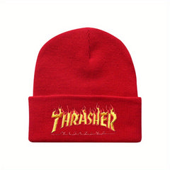 Flame Letter Embroidery Knitted Beanie Hat Winter Warmth Sports Elasticity