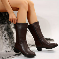 Women's Plush Lined Mid Calf Boots Chunky Heel Side Zipper Round Toe