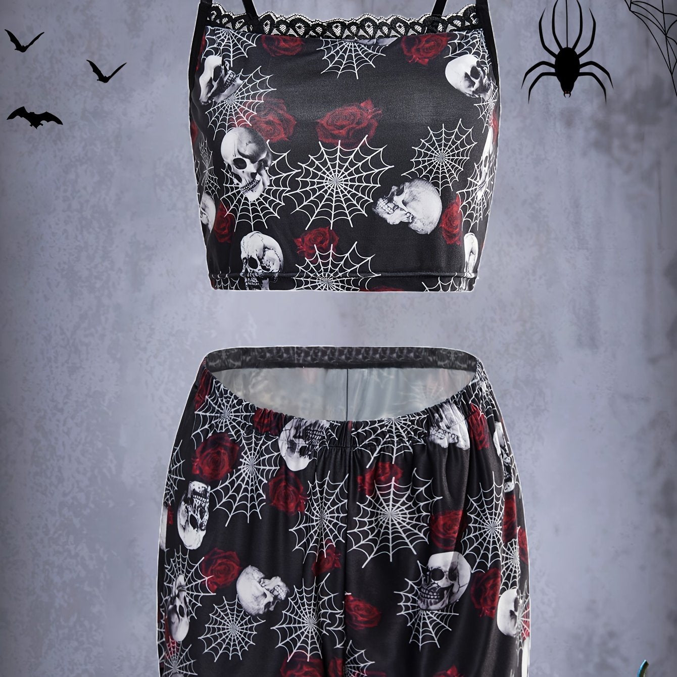 Skull Print Pajama Set with Lace Trim