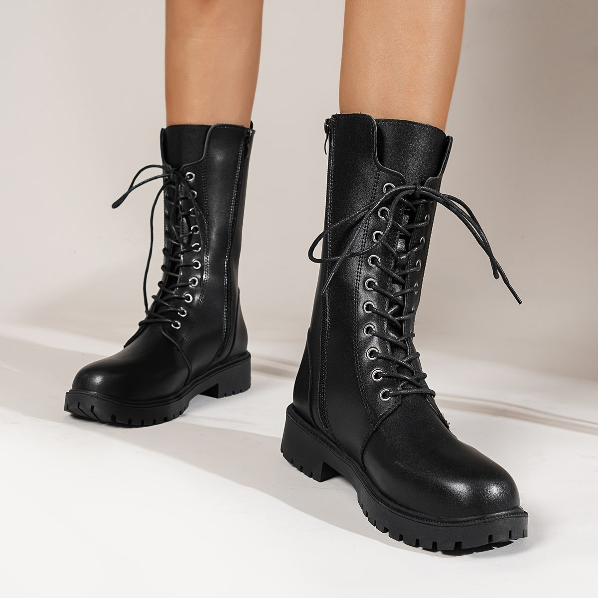 Women's Faux Leather Lace Up Platform Boots Mid Calf Side Zipper Boots