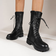 Women's Faux Leather Lace Up Platform Boots Mid Calf Side Zipper Boots