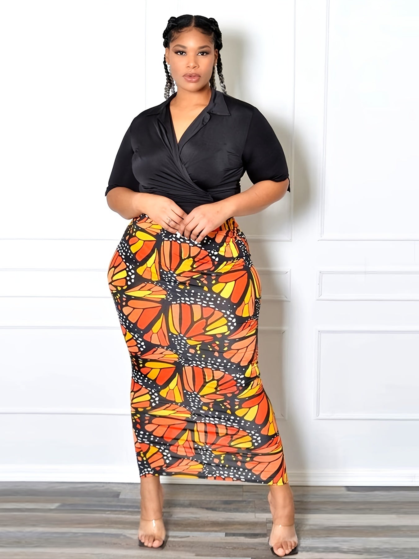 Butterfly Print High Rise Bodycon Skirts Women's Plus Medium Stretch