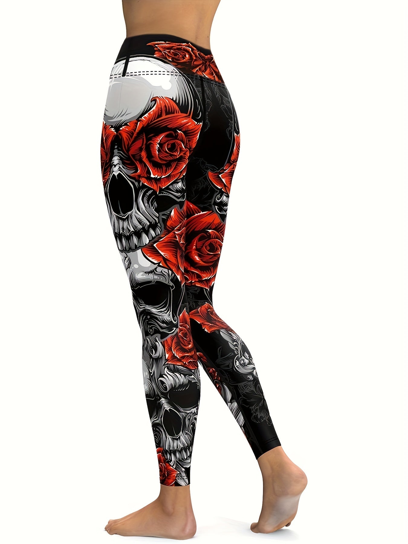 Flower & Skull Print Leggings For Halloween Yoga Fitness Pants