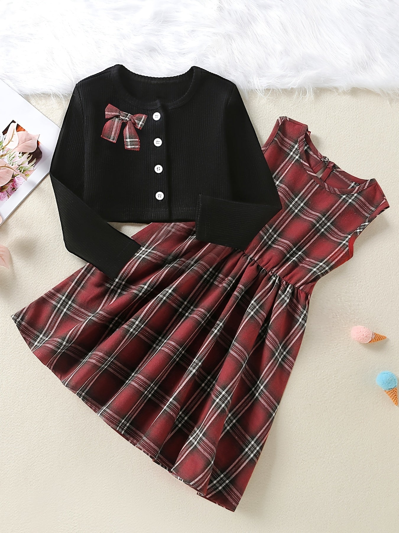 Girls Cotton Long Sleeve Top & Plaid Vest Dress Set