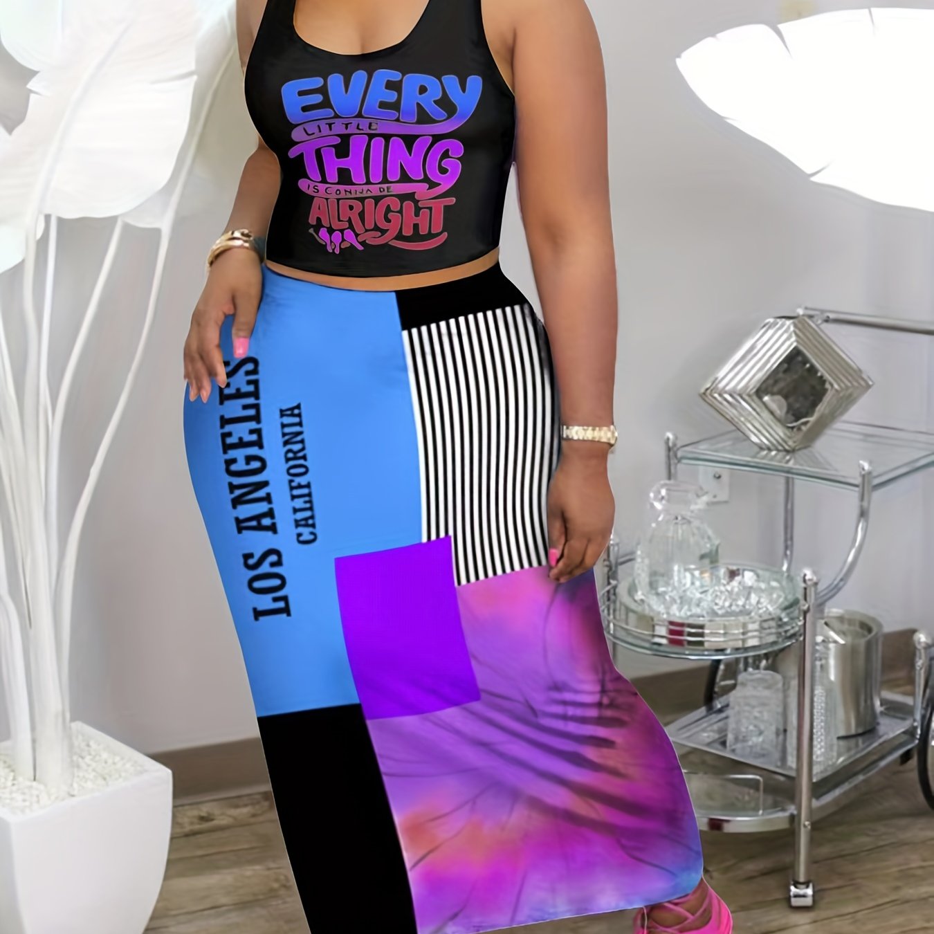 Graphic Print Casual Two-Piece Set Tank Top & Maxi Skirt
