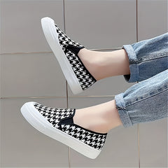 Women's Houndstooth Flat Loafers Slip On Low Top Canvas Shoes