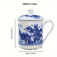 Flower Printed Porcelain Cup With Lid 17.6oz Ceramic Water Mug Tea Coffee Cup