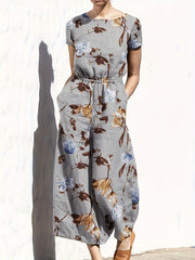 Floral Print Short Sleeve Maxi Dress With Belt & Pockets