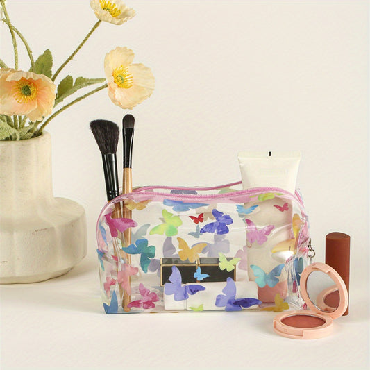 Colorful Butterfly Square Makeup Bag PVC Waterproof Zipper Roomy Makeup Pouch