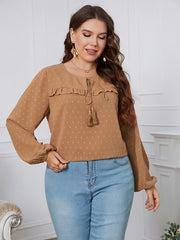 Lantern Sleeve Round Neck Knot Front Blouse Women's Plus Solid Blouse