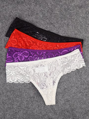 4pcs Floral Lace Thongs Soft & Comfy Stretch Panties Women's Lingerie