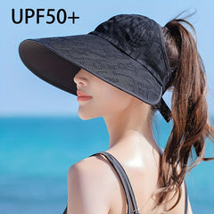 Solid Jacquard Visor Hat Wide Brim Sunscreen Travel Beach Hat for Women