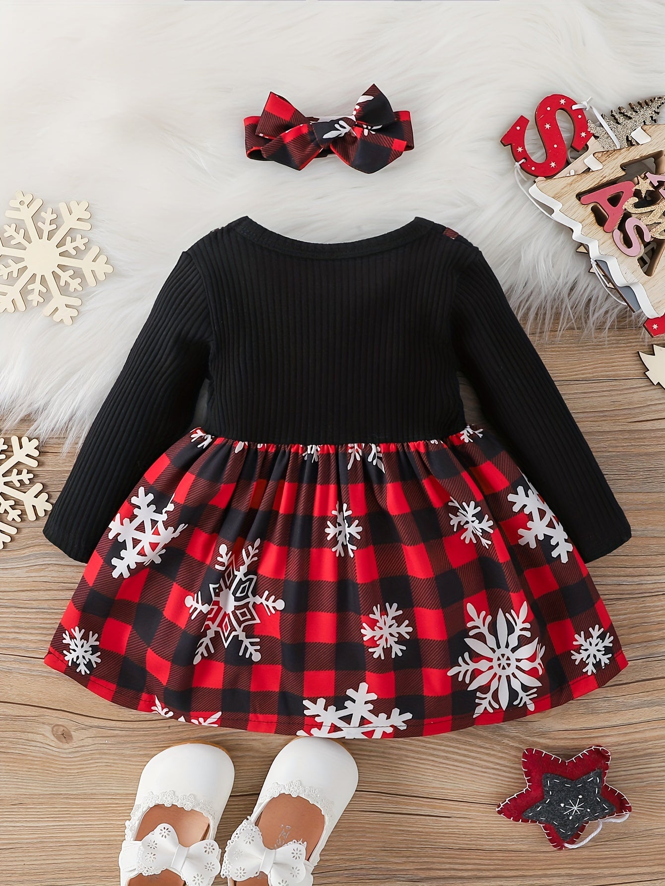 2pcs Baby Girl Christmas Bow Snowflake Dress Headscarf Set