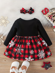 2pcs Baby Girl Christmas Bow Snowflake Dress Headscarf Set