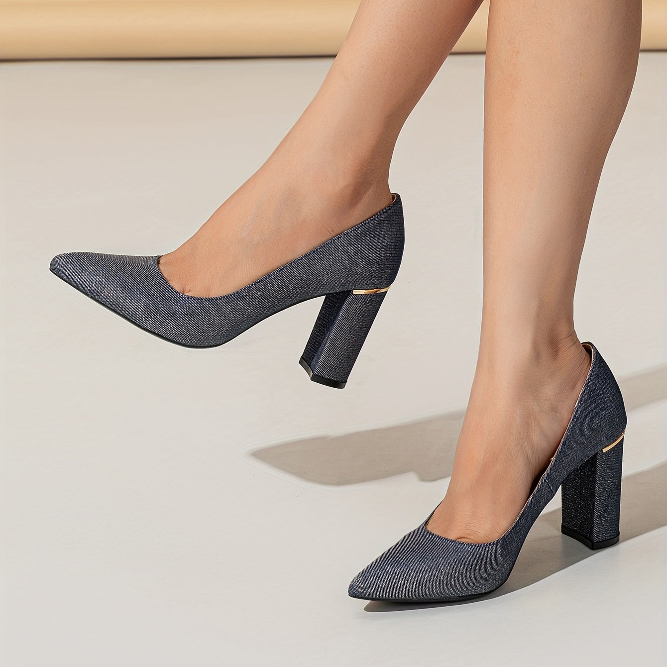 Metallic Block Heels Point Toe Dress Pumps Slip On Heels