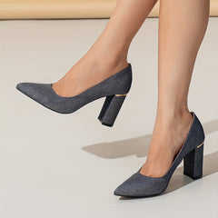 Metallic Block Heels Point Toe Dress Pumps Slip On Heels