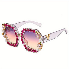 Ombre Lens Sunglasses Rhinestone Decor Square Frame Wide Temple Eyewear