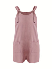 Solid Tie Shoulder Round Neck Romper Overalls