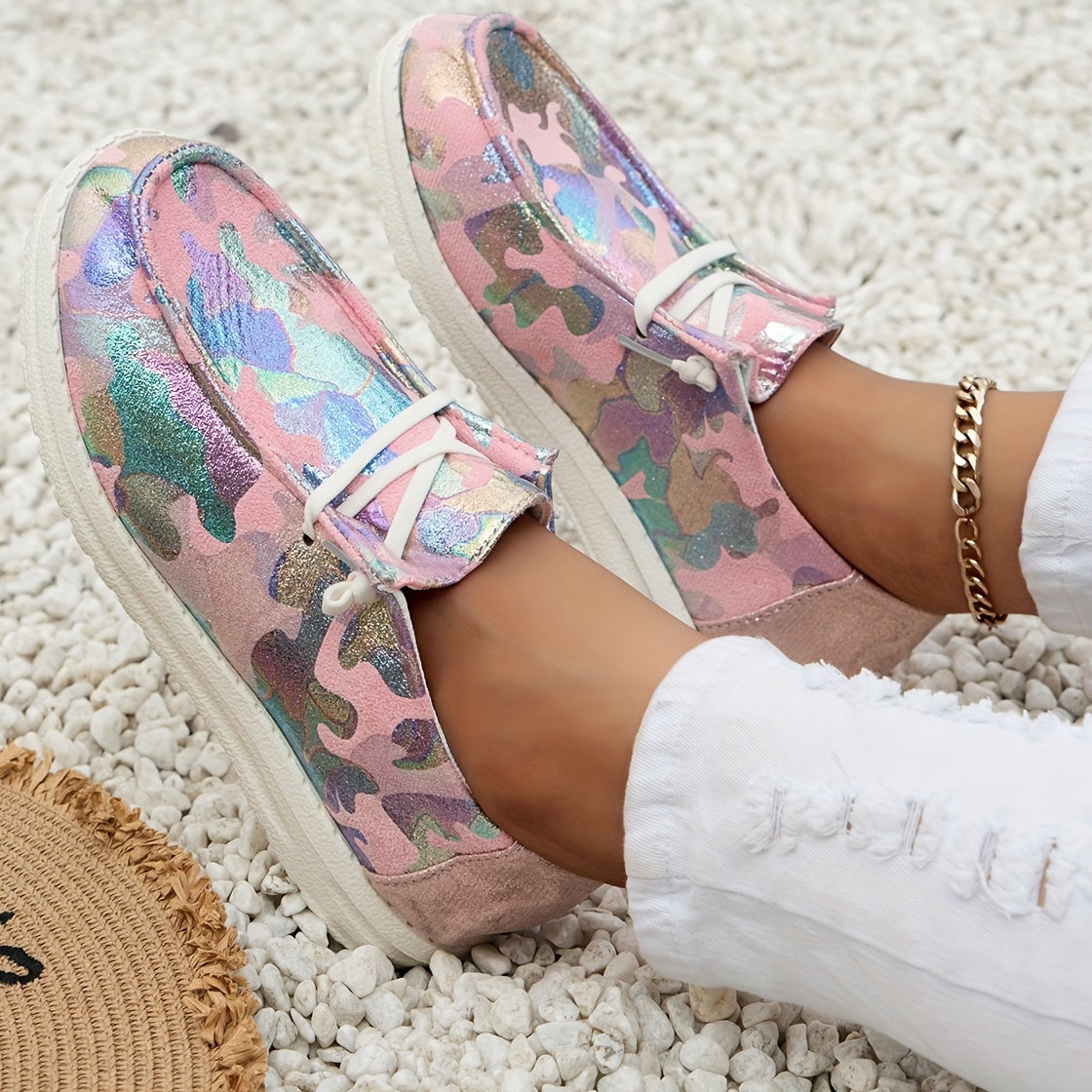 Women's Tie dye Sequins Loafers Slip On Low Flatform Shoes
