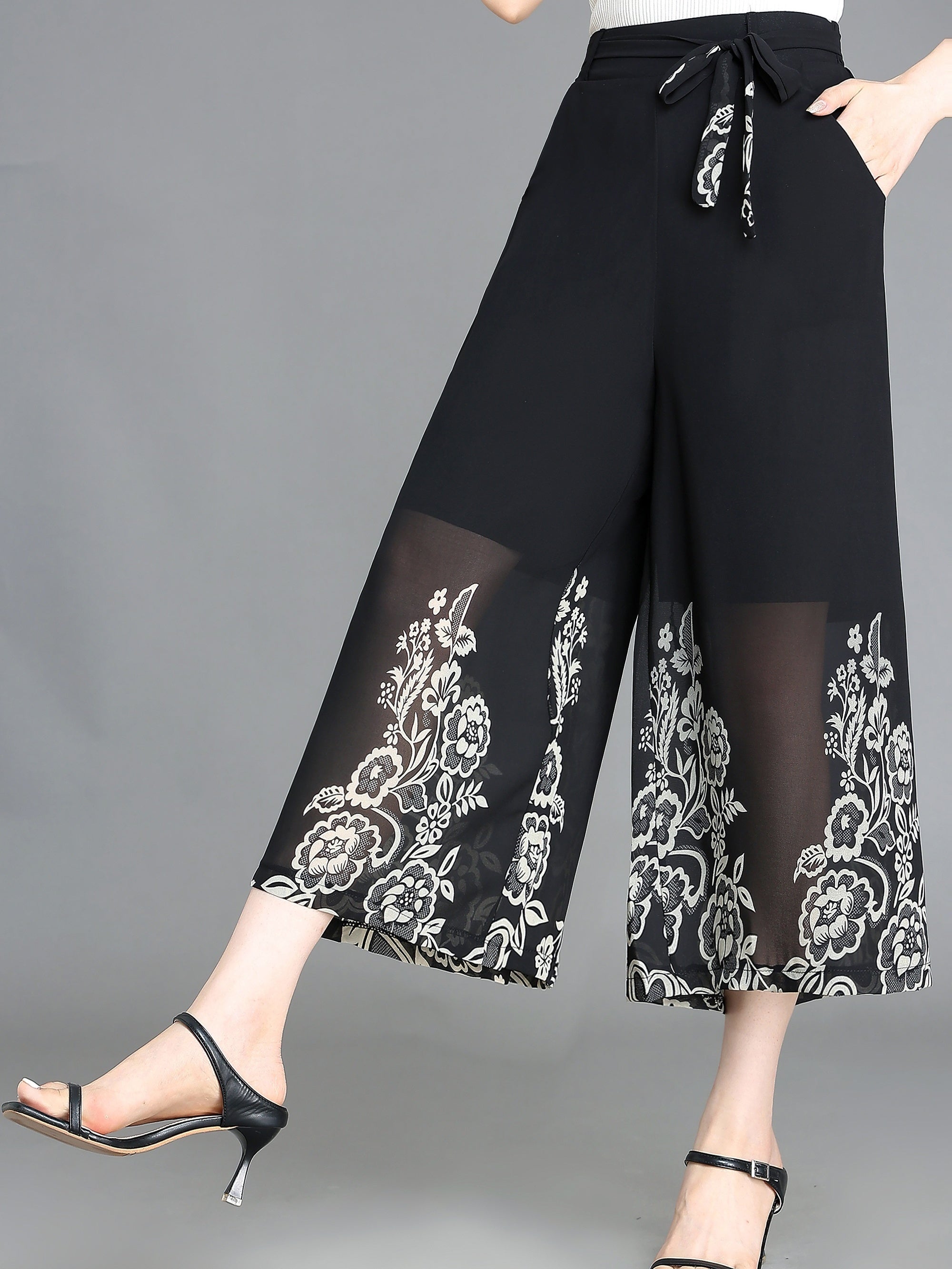 Floral Pattern Chiffon Cropped Wide Leg Pants Casual Belted Pants