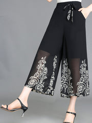 Floral Pattern Chiffon Cropped Wide Leg Pants Casual Belted Pants