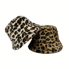 Leopard Print Faux Fur Bucket Hat Winter Warmer Cap