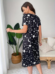Star & Moon Print Nightdress Short Sleeve Sleep Dress Women's Sleepwear
