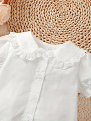 Girl's Lace Trim Doll Collar Ruffle Cuff Shirt